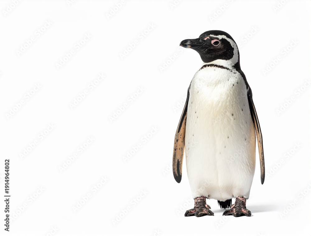 Obraz premium Pingüino de pie aislado sobre fondo blanco, concepto de bajas temperaturas, biodiversidad polar, resistencia al frío intenso y supervivencia en climas de temperaturas extremas