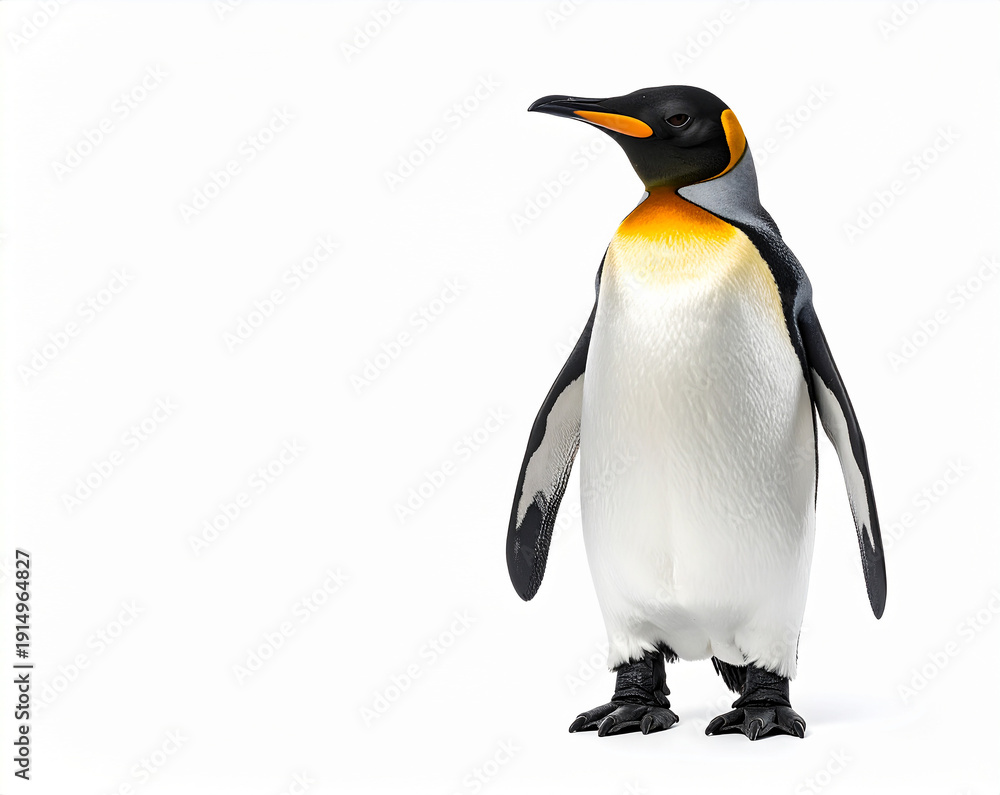 Fototapeta premium Pingüino de pie aislado sobre fondo blanco, concepto de bajas temperaturas, biodiversidad polar, resistencia al frío intenso y supervivencia en climas de temperaturas extremas
