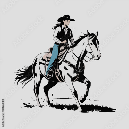 Dynamic Vector Illustration of Fearless Cowgirl Riding Galloping Horse Across Western Prairie Landscape