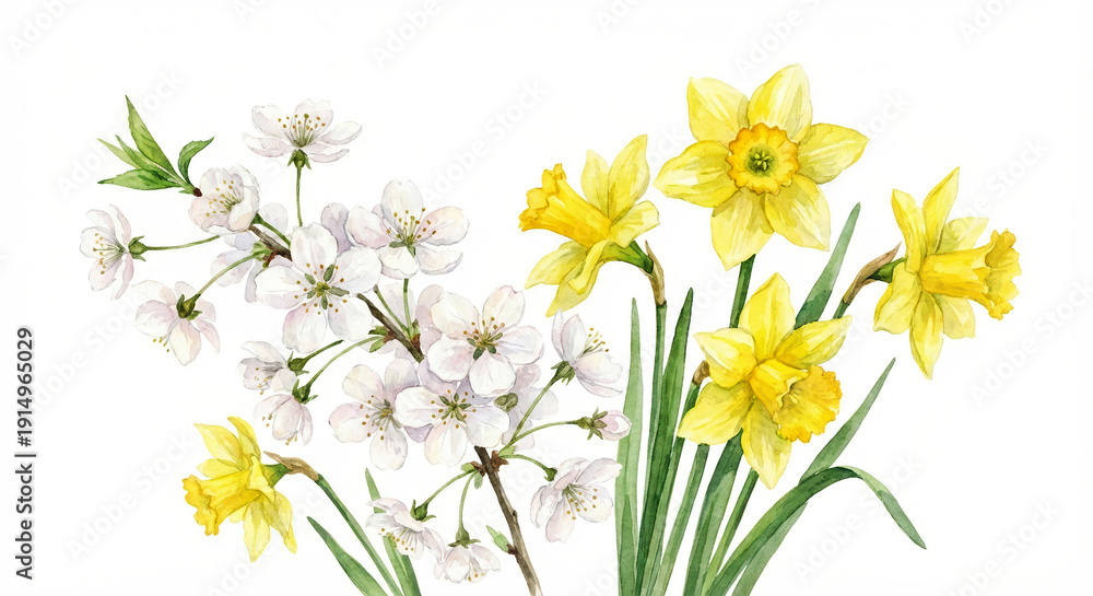 Fototapeta premium watercolor cherry blossom and daffodils spring bouquet isolated on white