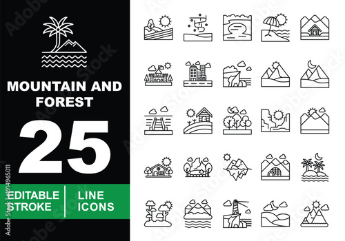Mountain and Forest Line Icon Set. Editable stroke icons for travel & nature. Featuring lighthouses, castles, beach umbrellas, cabins, cityscapes, icebergs, and canyon landscape symbols.