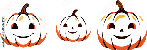 Vector illustration of three smiling white Halloween pumpkins with orange accents and dark brown stems, isolated on transparent background.