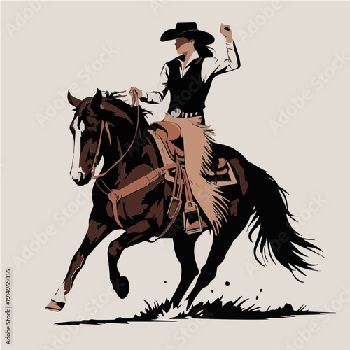 Dynamic Vector Illustration of Fearless Cowgirl Riding Galloping Horse Across Western Prairie Landscape