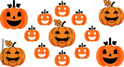 Vector illustration of multiple smiling orange Halloween jack-o'-lantern pumpkins with black carved faces and green stems, isolated on a transparent background.