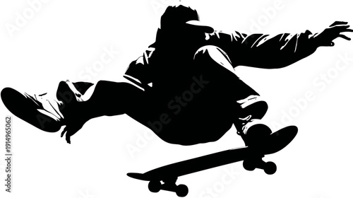 A silhouette of a skateboarder mid-air, showing the athlete's body and skateboard in a black and white image