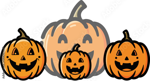 Vector illustration of three carved orange Halloween pumpkins with smiling faces, isolated on a transparent background, perfect for autumn holiday branding.