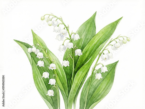 Watercolor Lily of the Valley Plant with White Bell Flowers