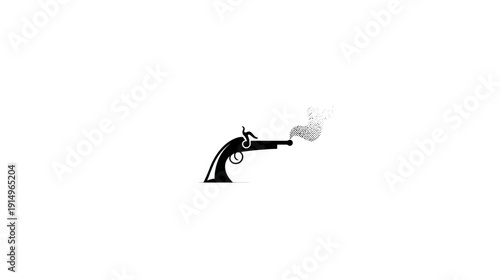 Stylized, black and white illustration of a classic pistol firing, with dotted smoke