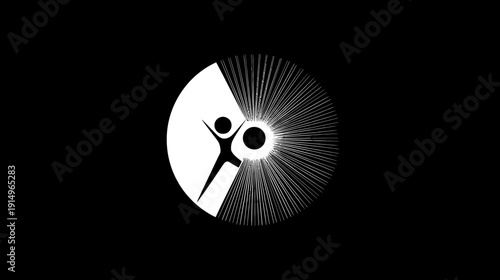 A stylized black and white illustration shows a figure celebrating within a radiating circle design