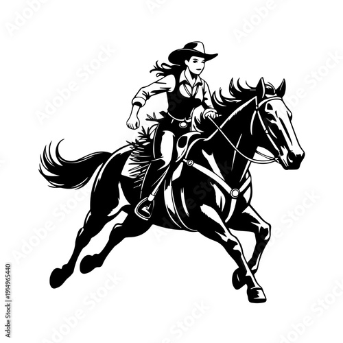 Dynamic Vector Illustration of Fearless Cowgirl Riding Galloping Horse Across Western Prairie Landscape