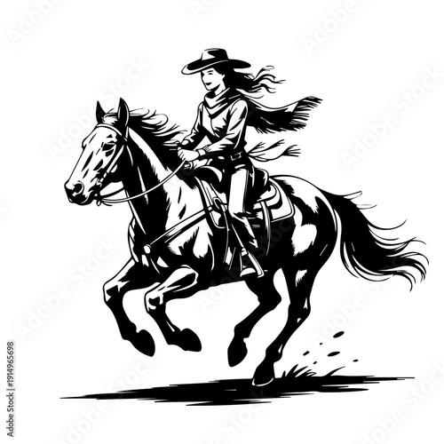 Dynamic Vector Illustration of Fearless Cowgirl Riding Galloping Horse Across Western Prairie Landscape