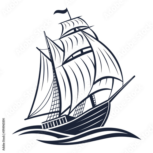 Minimal line art logo of a classic sailing ship with detailed sails, smooth vector outlines, balanced composition, elegant nautical emblem style, monochrome professional logo design