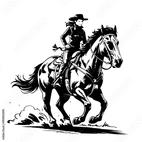 Dynamic Vector Illustration of Fearless Cowgirl Riding Galloping Horse Across Western Prairie Landscape