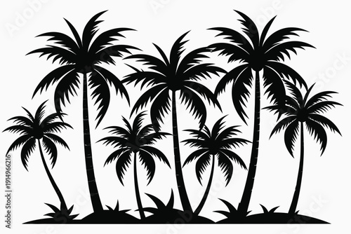 A vector illustration of tropical palm tree silhouettes set against an exotic paradise island sunset beach landscape featuring summer coconut leaves and travel design elements