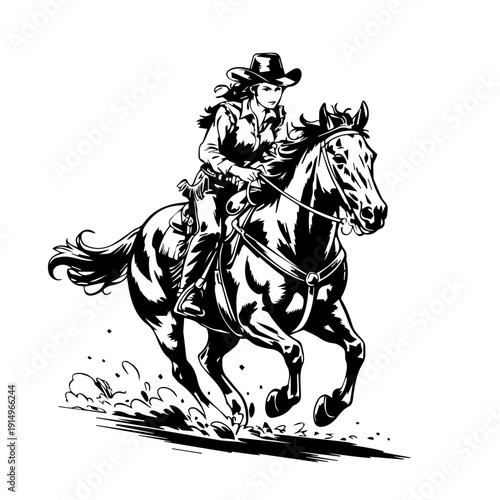 Dynamic Vector Illustration of Fearless Cowgirl Riding Galloping Horse Across Western Prairie Landscape