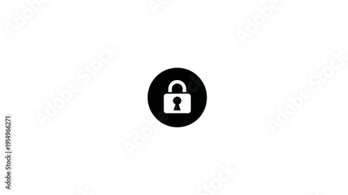 A simple, minimalist icon of a padlock inside a black circle against a vast, white background