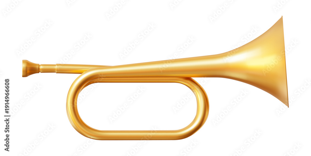 Fototapeta premium 3d realistic metal golden trumpet icon. Wind musical instrument horn. Front view. Stock vector illustration on isolated background.