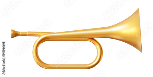3d realistic metal golden trumpet icon. Wind musical instrument horn. Front view. Stock vector illustration on isolated background.