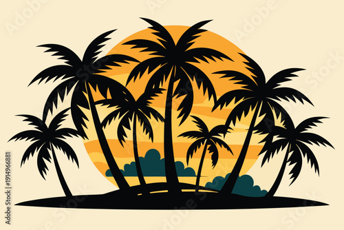 A tropical sunset landscape featuring the silhouette of palm trees on an exotic paradise beach with a coconut tree island and sea water under a summer vacation sky vector illustration