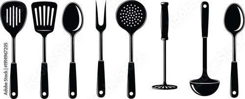 Kitchen utensil silhouette set featuring spatula spoon ladle skimmer fork and masher tools isolated in black for cooking design