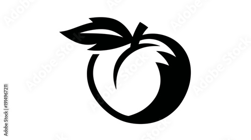 A graphic depiction of a peach with a stem and leaf in black on a white background