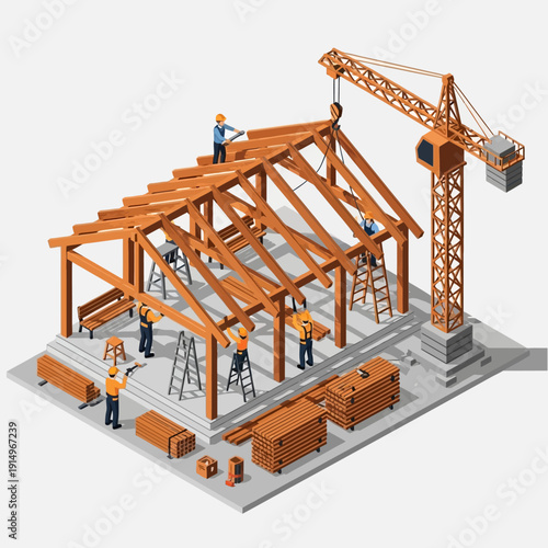Construction Site with Crane and Workers Building a House.