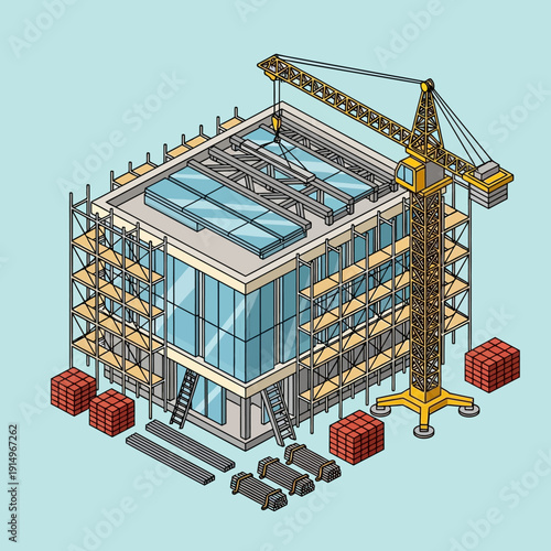 Isometric illustration of a building under construction with crane and scaffolding.