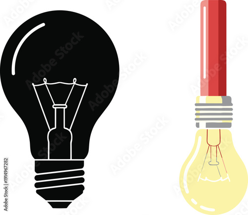 Light bulb silhouette and vintage glowing lamp with filament isolated on white background vector illustration of electricity and idea concept