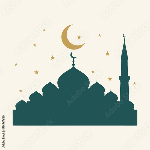 Mosque Silhouette with Crescent Moon Stars.