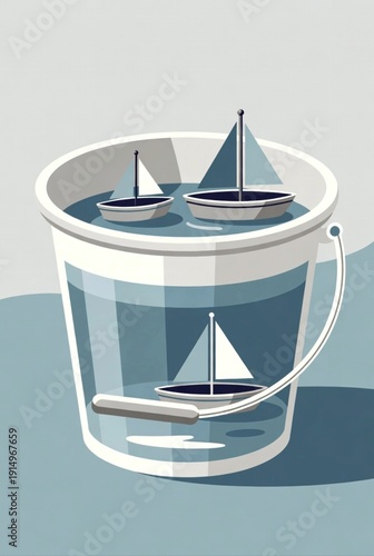 Vector illustration of a transparent bucket filled with water and containing 3 ships 