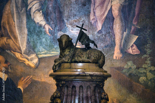 Detailed Sculpture Of The Lamb Of God With Victory Banner In Cathedral