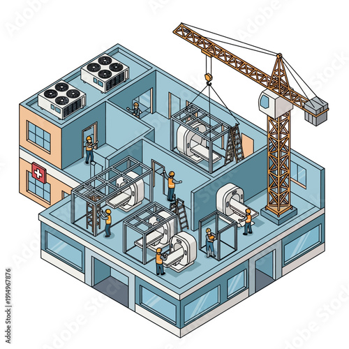 Industrial facility with crane and machinery installation.