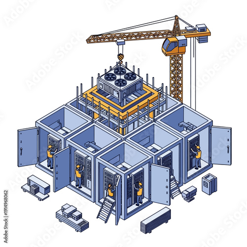 Modular construction site with crane and prefabricated building modules.