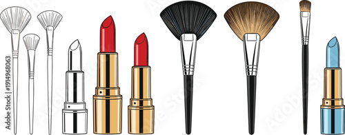 Makeup brushes and lipstick illustration set showing professional beauty cosmetics tools isolated flat vector design for fashion branding marketing use advertising commercial