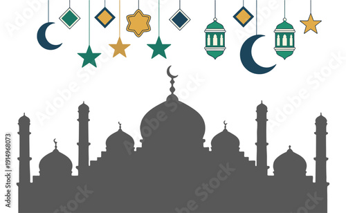 Mosque Silhouette with Islamic Symbols and Lanterns.