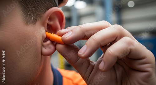 Worker diligently inserts orange earplugs for essential hearing protection, prioritizing safety in a loud industrial workplace and adhering to critical occupational health standards