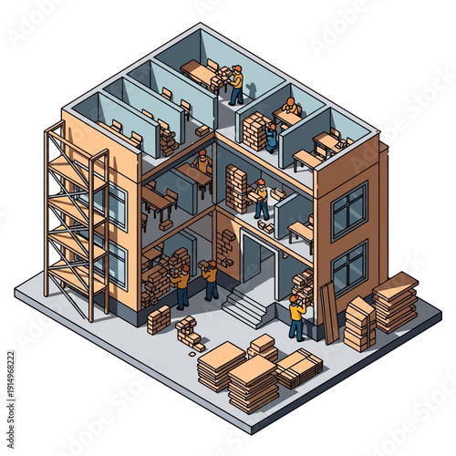 Isometric Warehouse Interior with Workers and Cardboard Boxes.