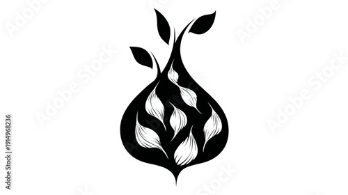 Black and white illustration of a stylized, elongated droplet with leaves and internal petal-like shapes