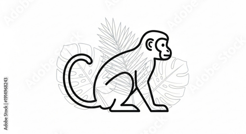 Monkey illustration with tropical leaves black line art on white background jungle wildlife symbol