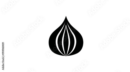 A monochrome teardrop-shaped emblem featuring an enclosed core with vertical, curved segments