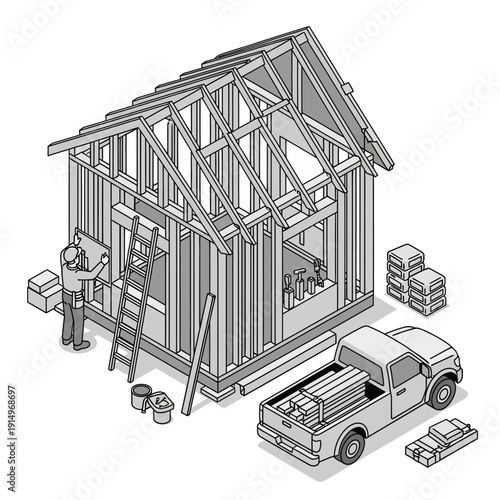 Construction site with worker building a house.