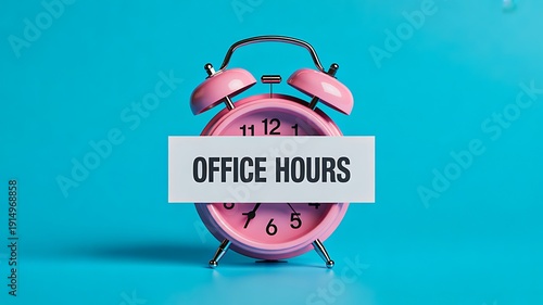 
Office hours sign on alarm clock against blue background
