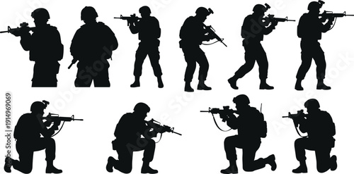 Military soldier silhouette set showing armed tactical poses standing kneeling and aiming positions isolated in black for defense security design