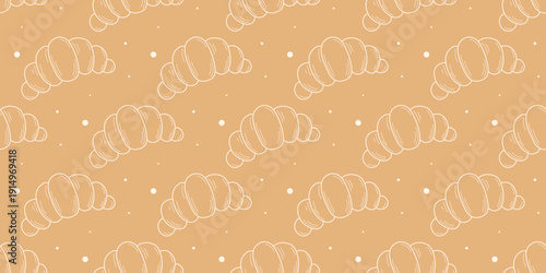 French puff pastry seamless pattern. Background with croissants. Pastry print for textiles, packaging and coffee shop, bakery, or cafe design. Vector graphics