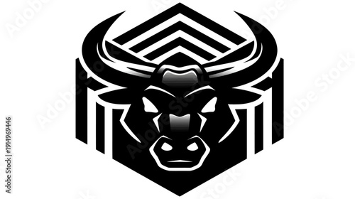 A monochrome bull head design centered within a geometric shield, featuring horns and a layered pattern