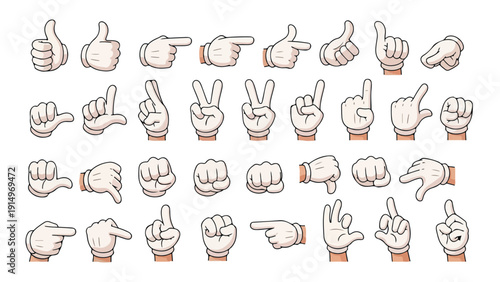 Set of cartoon hands with white gloves, showcasing a variety of gestures like thumbs up, pointing, peace signs, and fists. Perfect for adding expressive actions to characters.