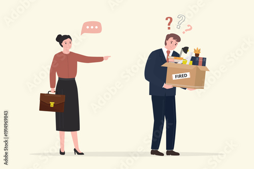 Female boss fires an employee and points to the exit. Unemployed businessman with office things in cardboard box. Job dismissed, fired. End career or staff layoff due to crisis,