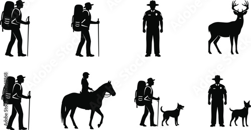 Outdoor hiking silhouettes set with backpackers, park ranger, horse rider, dog and deer, nature adventure vector illustration isolated on white background design