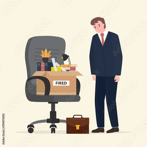 Layoff, fired businessman standing near office chair and box with things. Job loss due to crisis, contraction, economic decline. Dismissed employee, unemployment