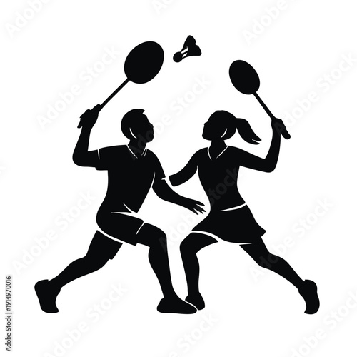 A dynamic illustration of two players in action with rackets and a shuttlecock